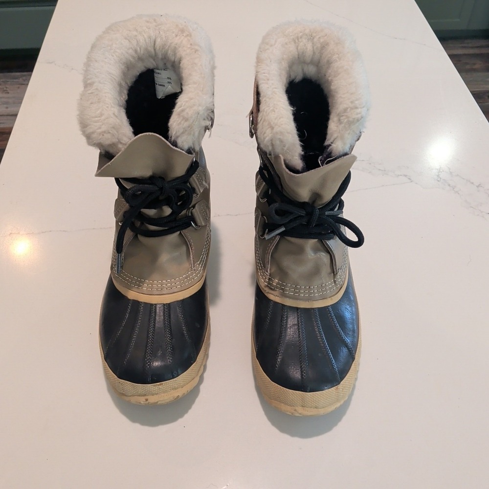 Sorel Manitou Womens Size 7 Winter Snow Boots Tan Black Leather Canada Preowned